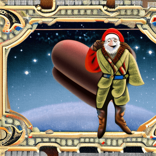 AI generated: Tiny Tim from a Christmas Carol floating in outer space surrounded by floating sausages. Drawn in an...