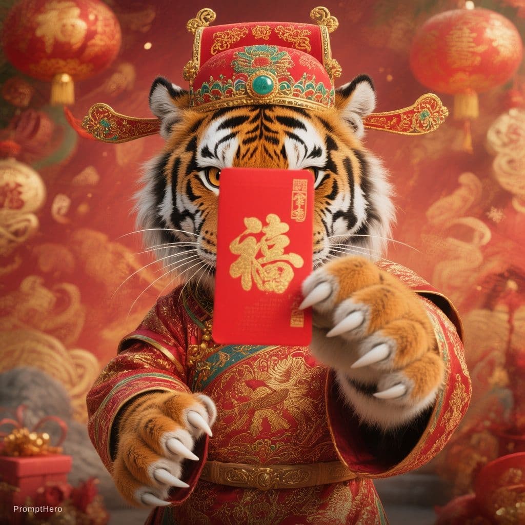 AI generated: Comic style, high detail, a festive humanoid tiger wearing a red traditional Chinese official outfit...