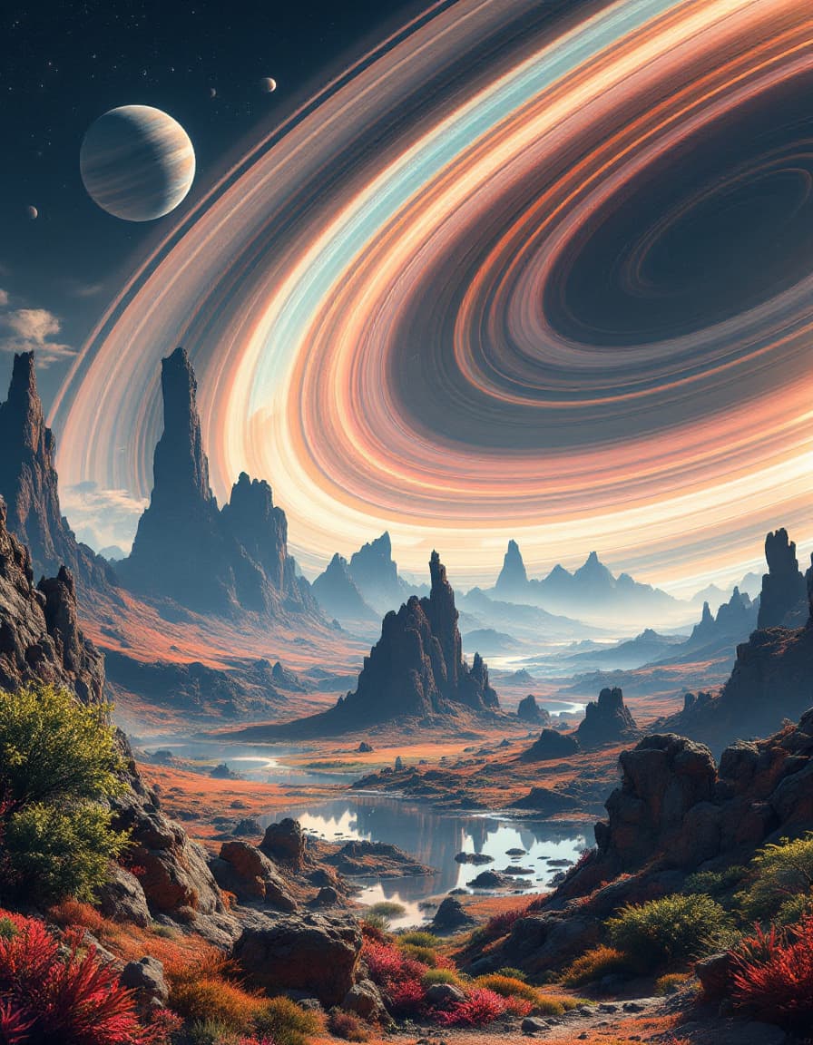 AI generated: A dramatic landscape on an exoplanet with a breathtaking view of a ringed gas giant in the sky. The ...
