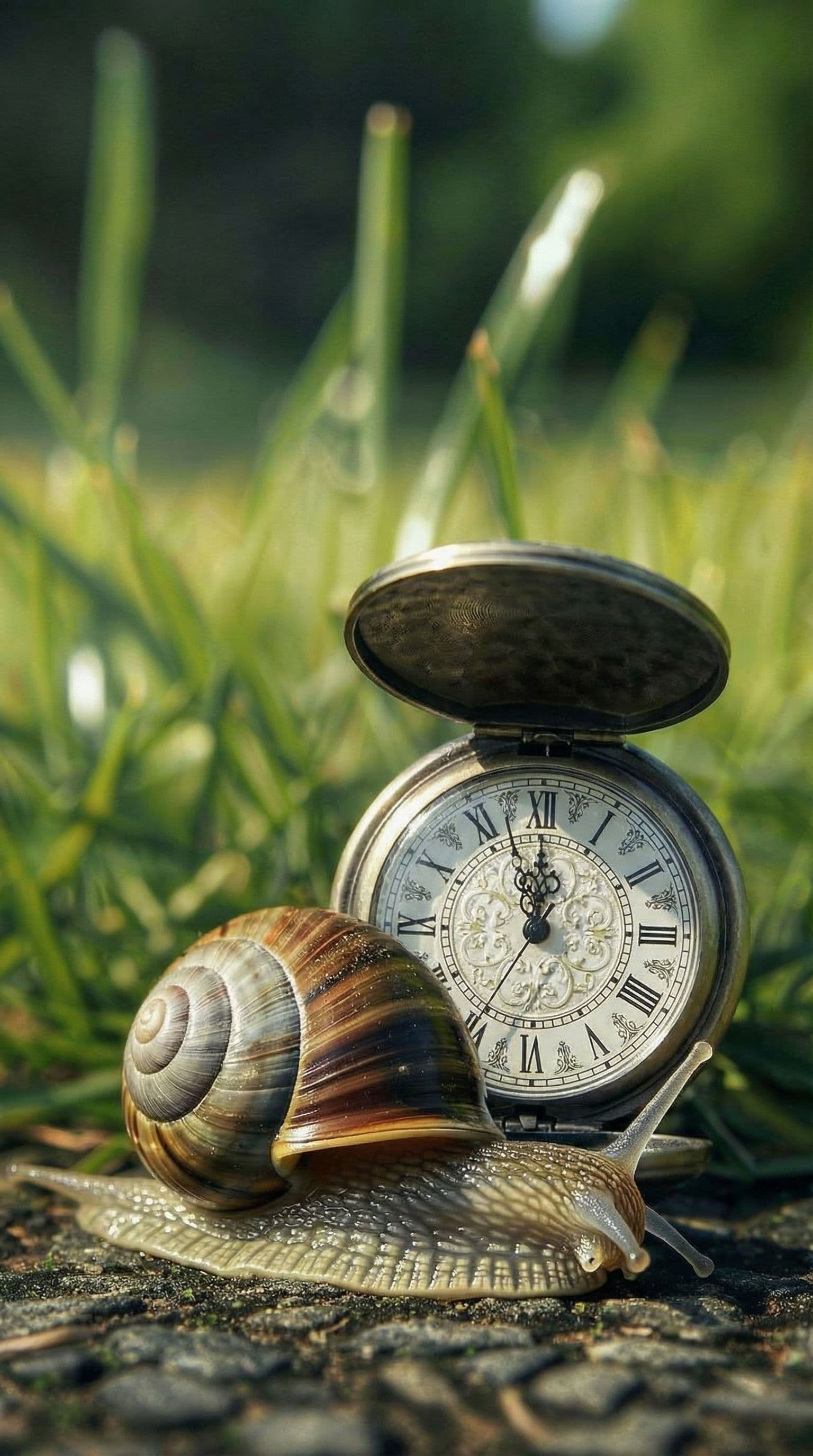 AI generated: Summer, daytime, close-up. Asphalt against a backdrop of grass. A large snail crawls along and sees ...