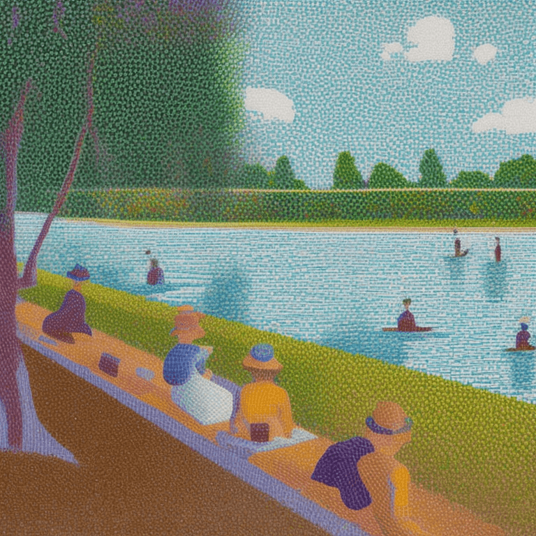 AI generated: Imaginative bank of the river with resting people in Seurat pointillism style.