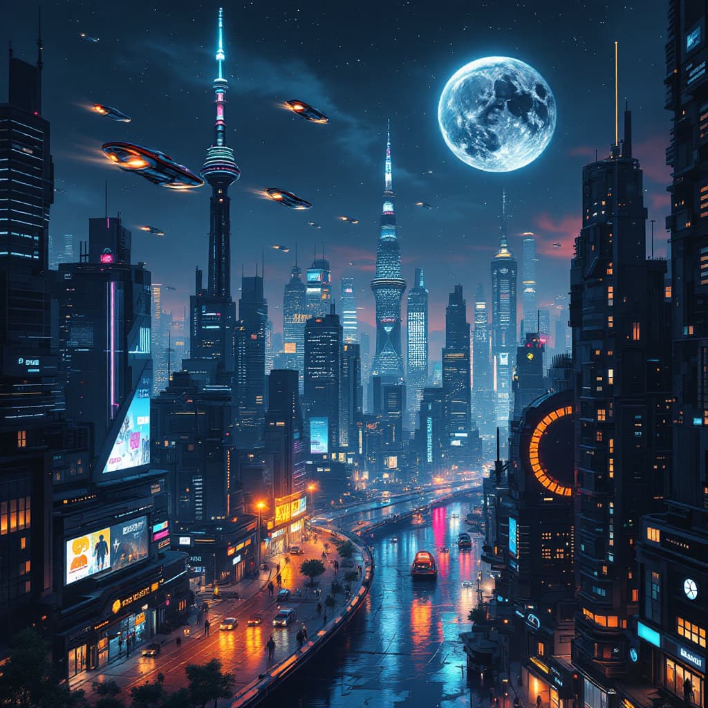 AI generated: a futuristic city at night with flying cars
