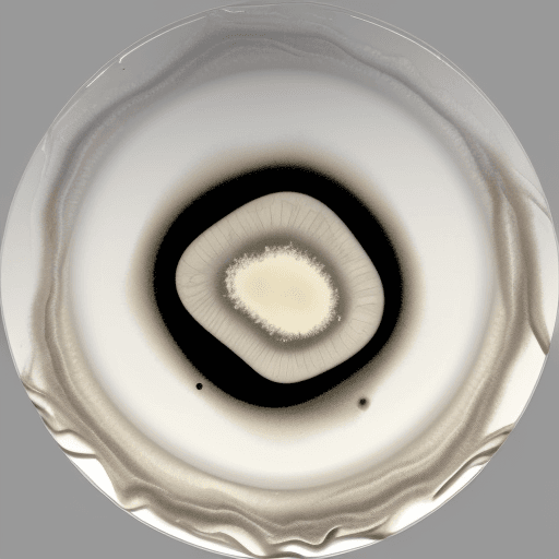 AI generated: A close-up view of Bacillus subtilis colonies on an agar plate. The colonies have a rough, dry, and ...
