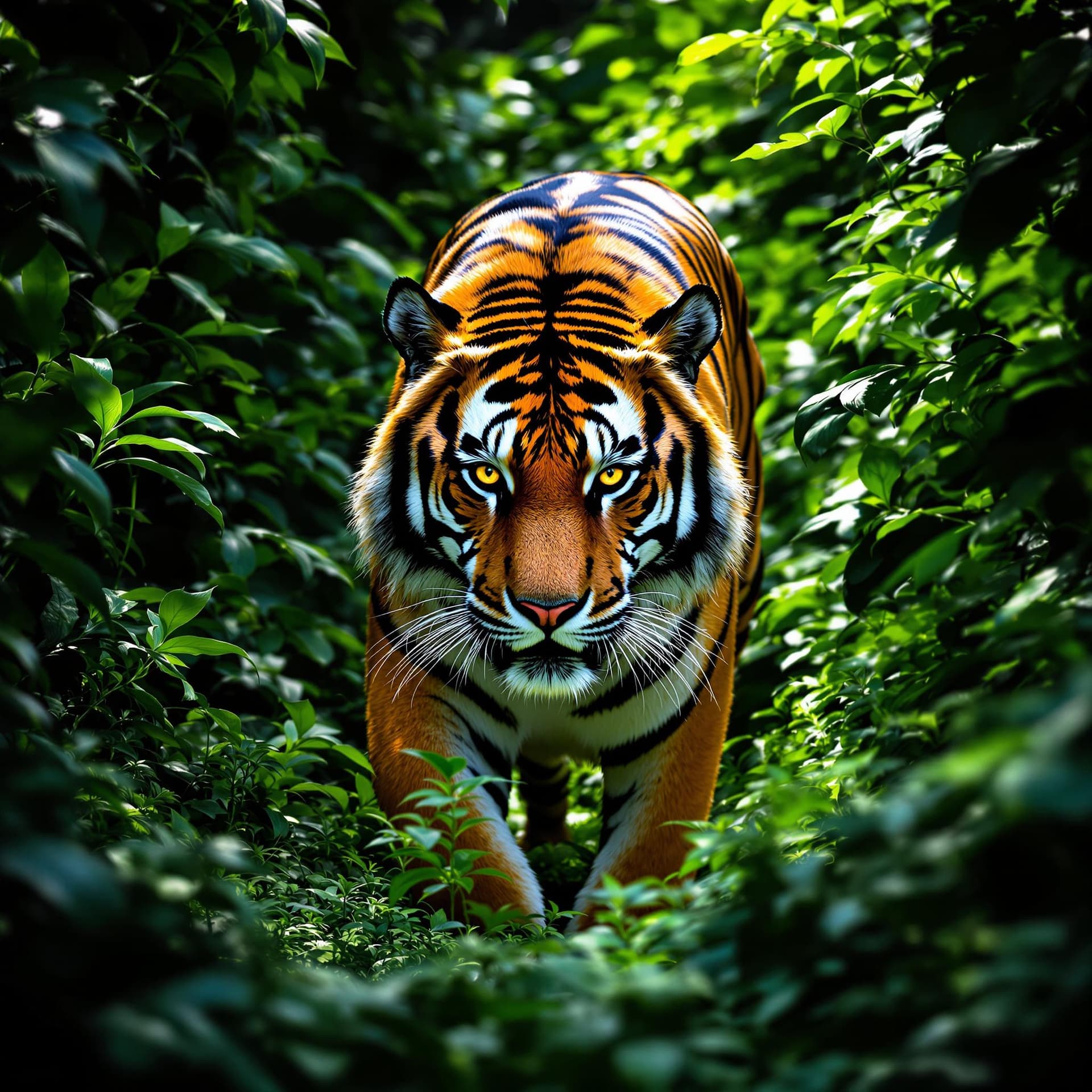 AI generated: The image features a majestic tiger prowling through a dense forest, its orange and black striped co...