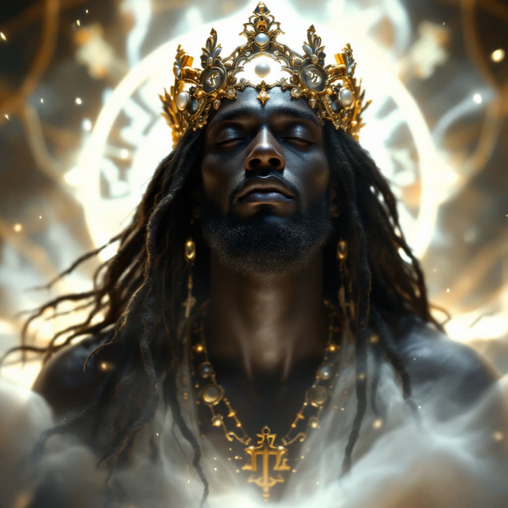AI generated: A majestic, god-like figure with skin of deep, rich ebony, descending from a brilliant white light. ...