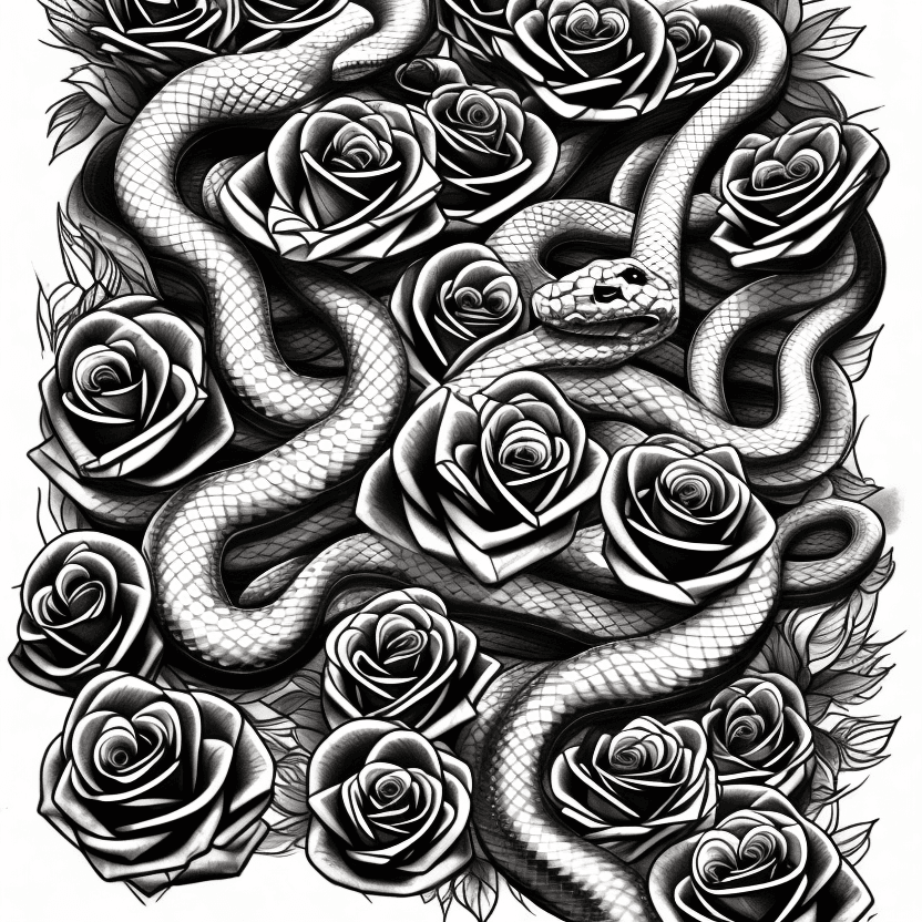 AI generated: snakes, tattoo sketch, smooth transitions, black patterns, more details, more flowers, pions, roses