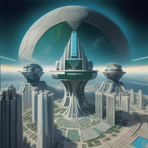 AI generated: Retro Futurism style, It is a mega sports city designed by Buckminster Fuller on earth in 2200, infl...