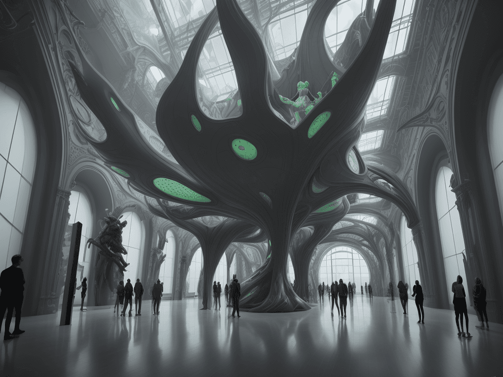 AI generated:   A view inside a futuristic museum, showcasing strange, weird, and bizarre art, large 3D sculptures...