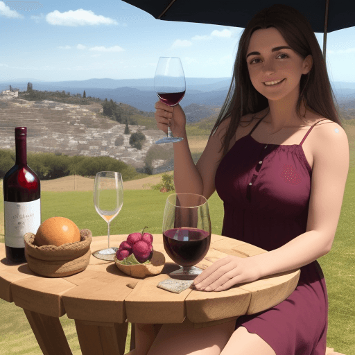 AI generated: una copa de vino tinto sobre un mantel en una viña sobre el pasto, dia soleado , nitidez y brillo en...