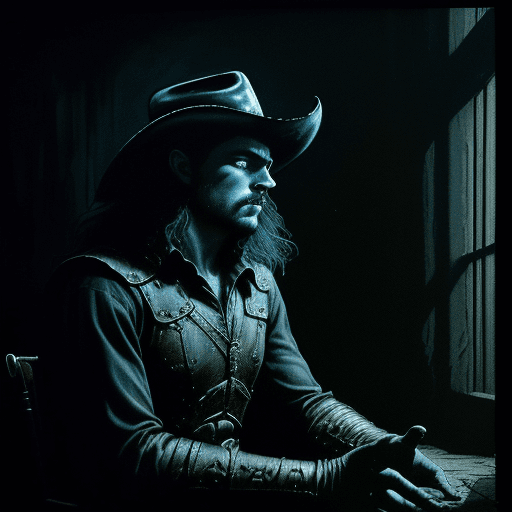 AI generated: A cowboy sitting in a dark room, 80s dark fantasy, dark fantasy, dark fantasy aesthetic, 80s fantasy...