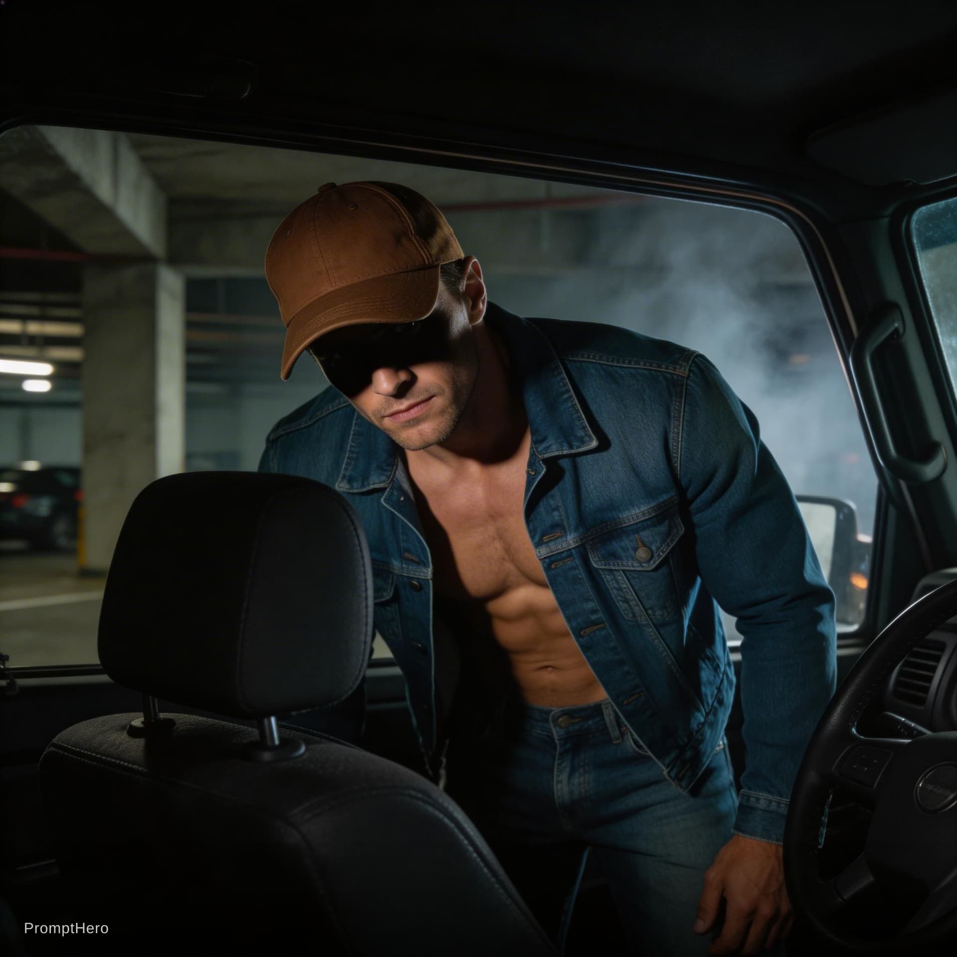 AI generated: A phone photo of Kussia, in the truck at night with his brown baseball cap on and wearing jeans jack...