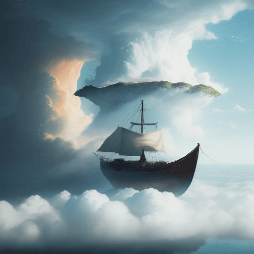 AI generated: 
epic composition of a explorer in a boat reaching an island in the clouds, by studio ghibli, cinema...