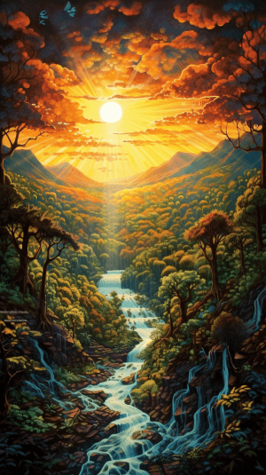 AI generated: The lush valley, the radiant sun, and a creation of light. Impressionistic, focus on the beauty of c...