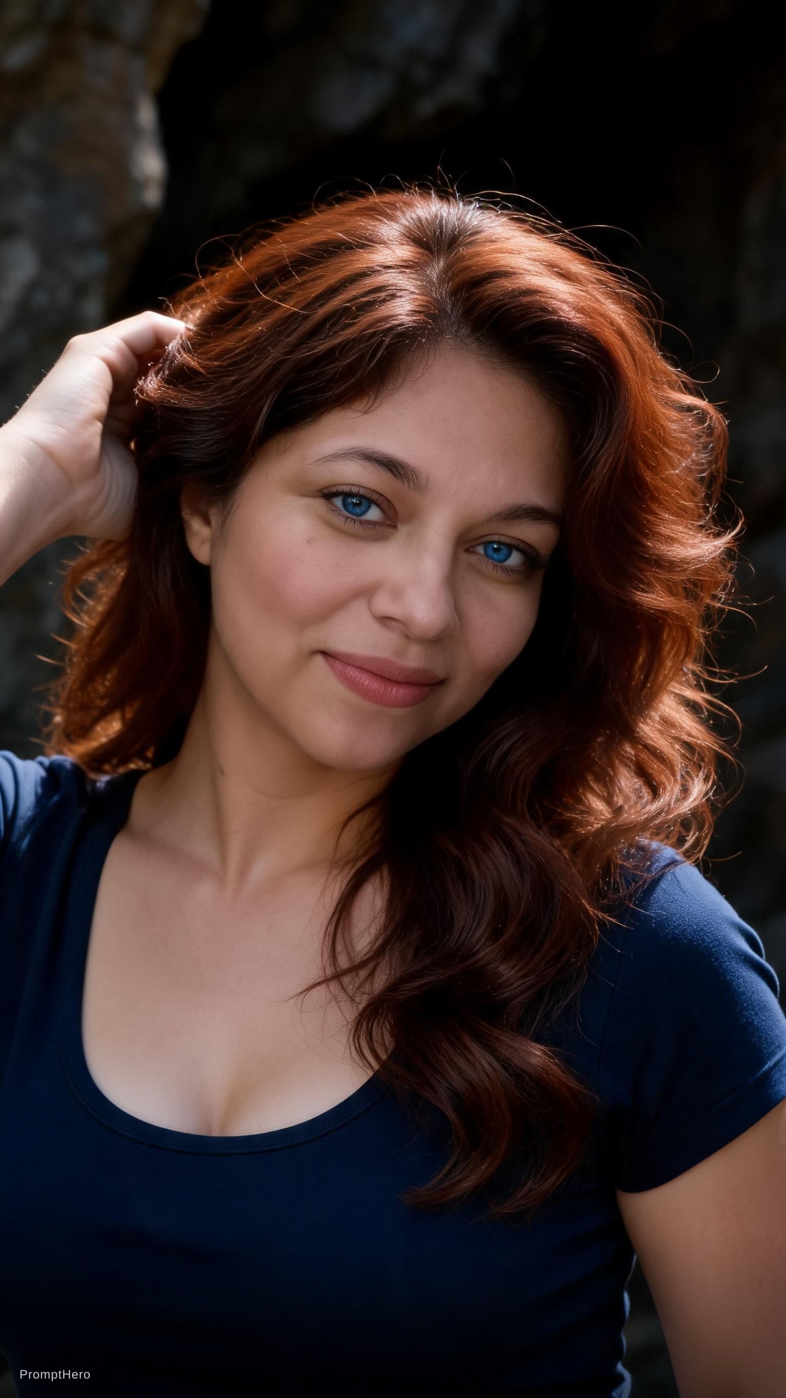 AI generated: A photorealistic close-up portrait of a woman with voluminous, styled auburn hair, her right hand ge...