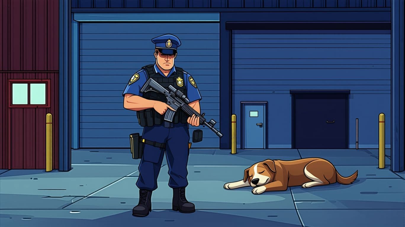 AI generated: A guard with a gun stands near a warehouse and sleeps. Night. A dog is nearby - also sleeping. Carto...