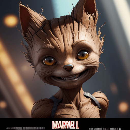 AI generated: cat head anthropomorphic humanoid body, movie poster, marvel little cute Groot character, high detai...