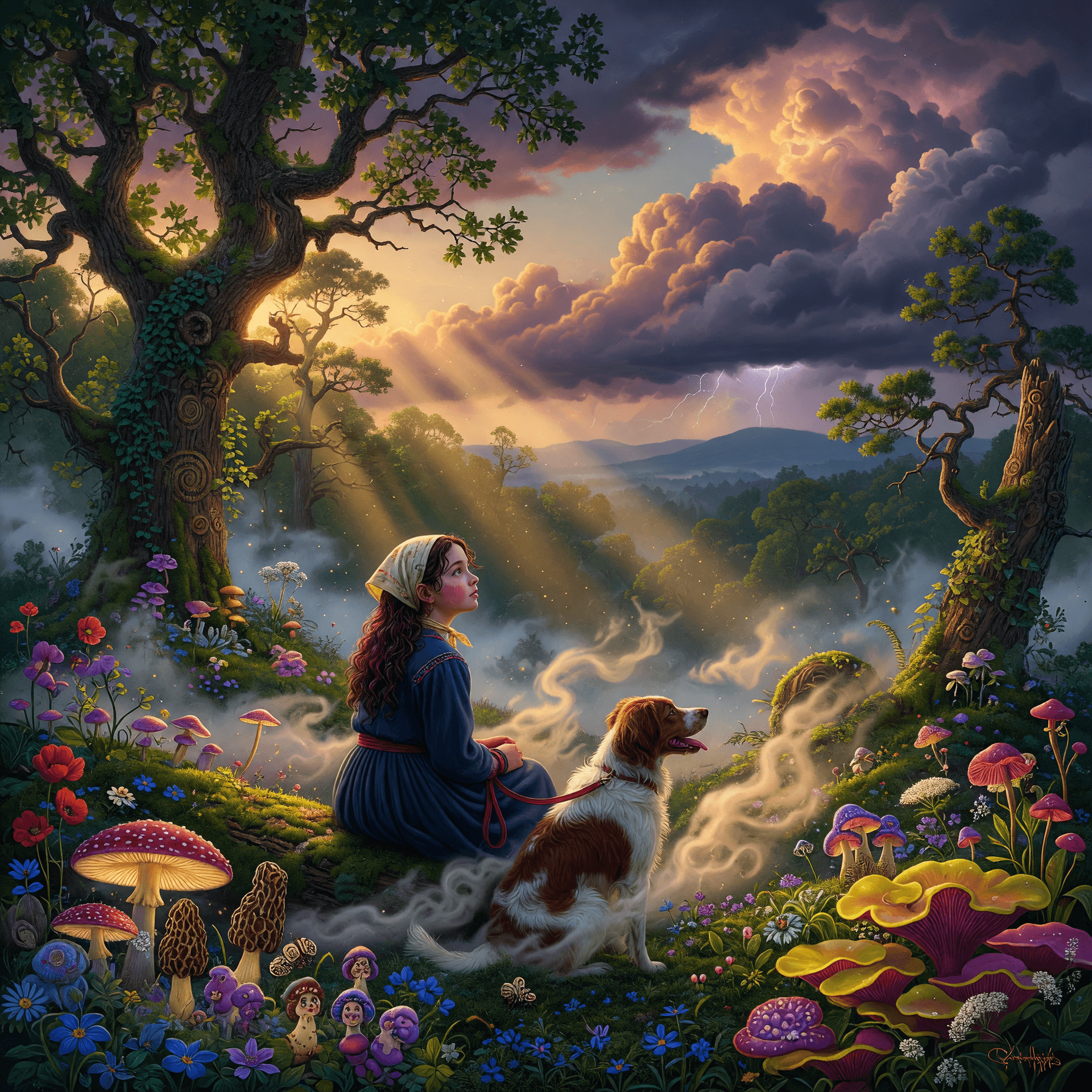 AI generated: landscape in Brittany, with a young girl and her dog surrounded by trees, flowers, strange mushrooms...