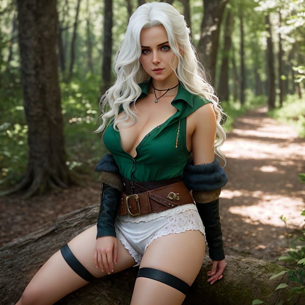 AI generated: georgeous female dressed like Princess Ciri from Witcher 3 game, long white hair, bright green eyes,...