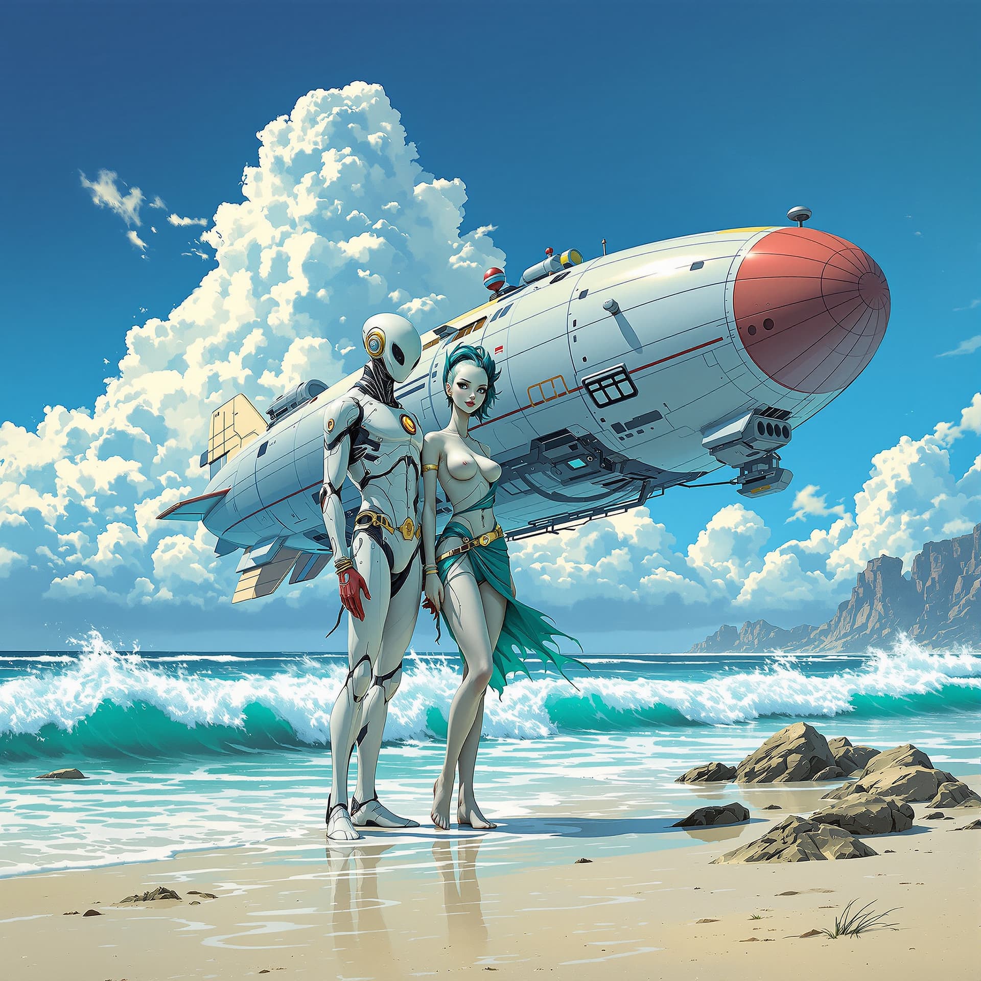 AI generated: An alien and human couple standing on the beach next to an airship, with a blue sky and white clouds...