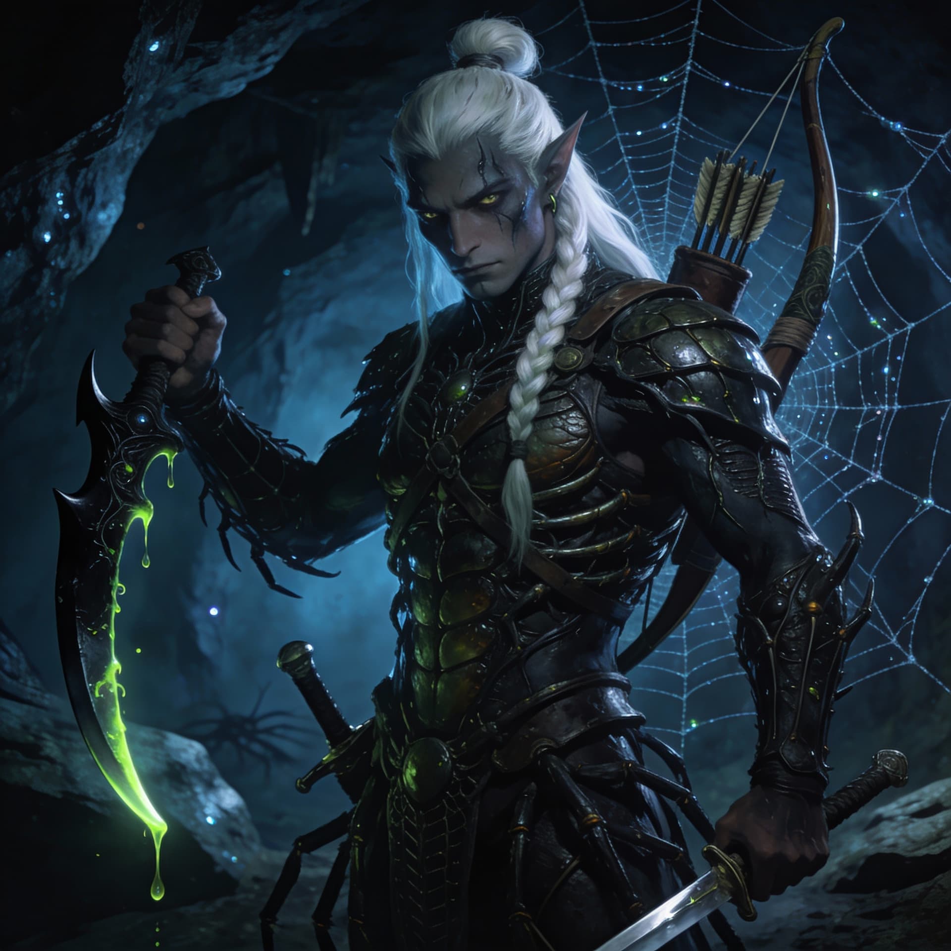 AI generated: a dark drow male elf, long whit hair in a top knot braid, wearing insect like leather armor, short b...