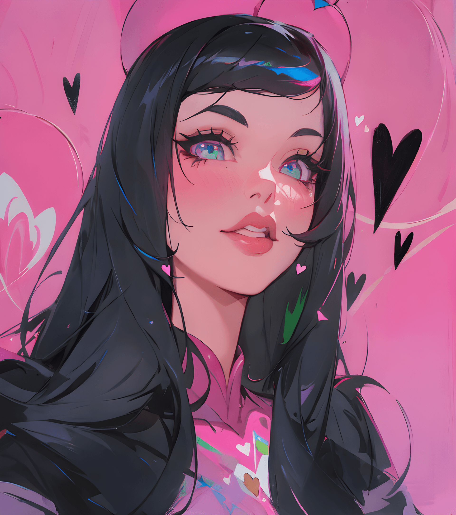 AI generated: a painting of a woman with black hair, digital art, tumblr, heart shaped face, portrait of a pink ga...