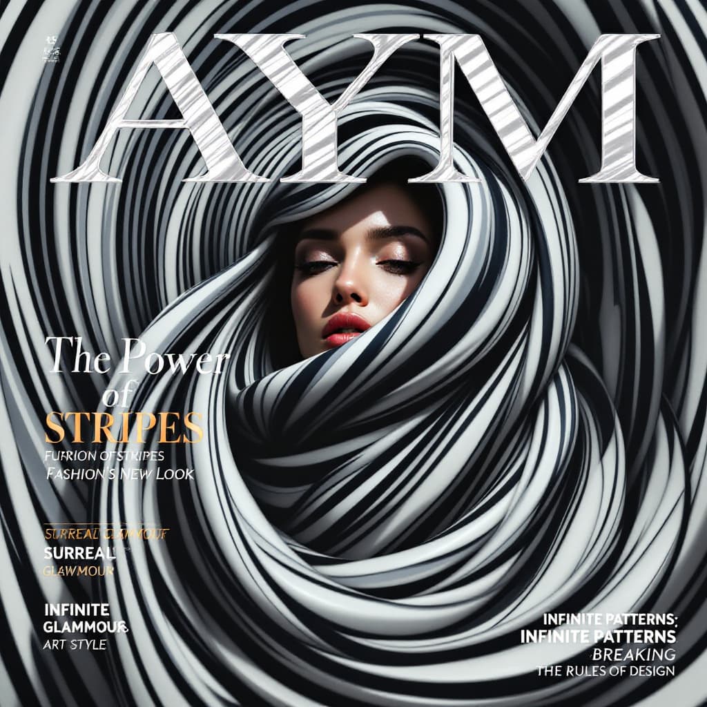 AI generated: AYM magazine cover featuring a mesmerizing woman wrapped in a swirling vortex of stripes. The lines ...