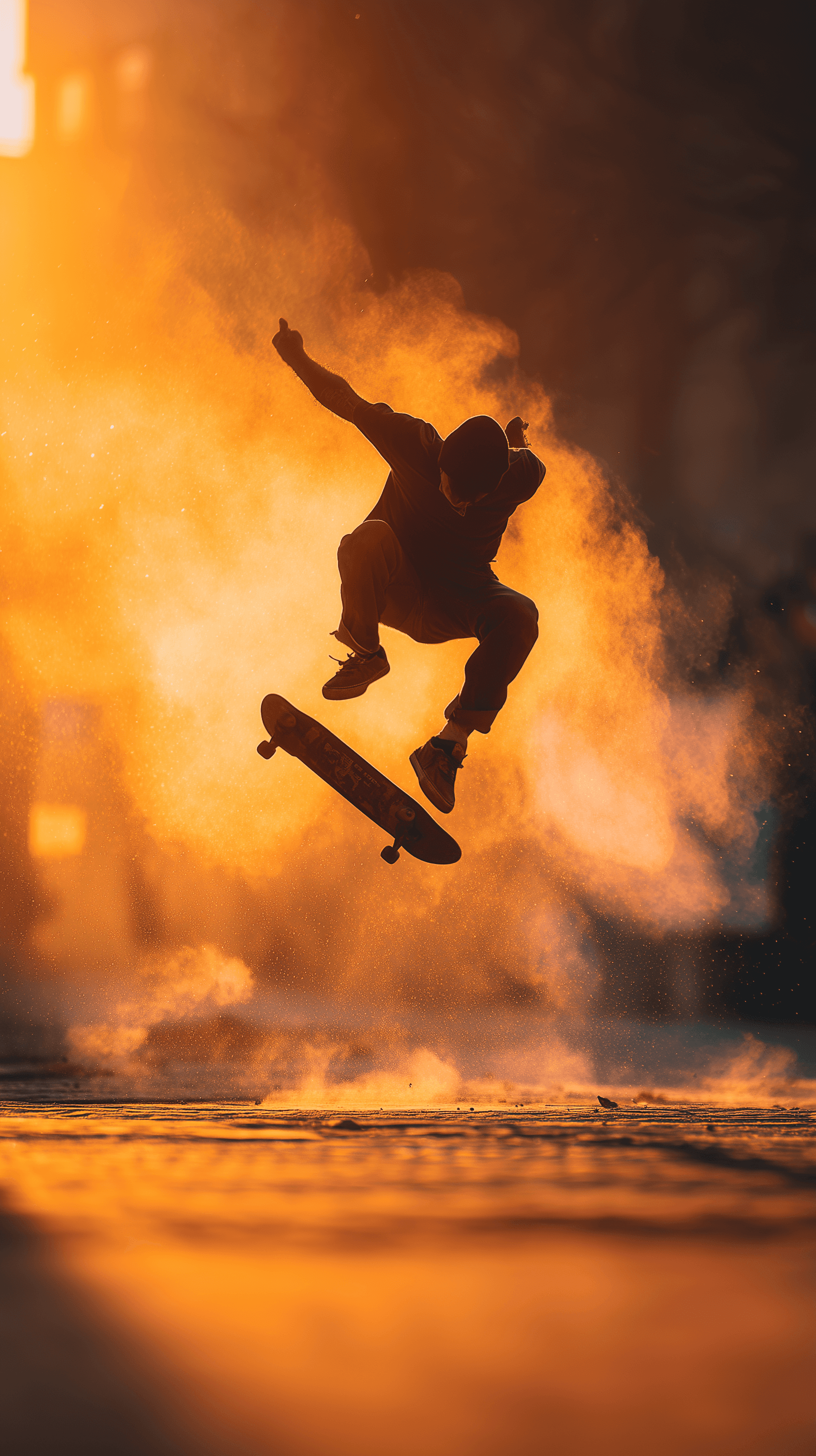 AI generated: photorealistic, motion-blured portrait, skateboarder mid backkflip, silhouette, surrounded by vapor ...