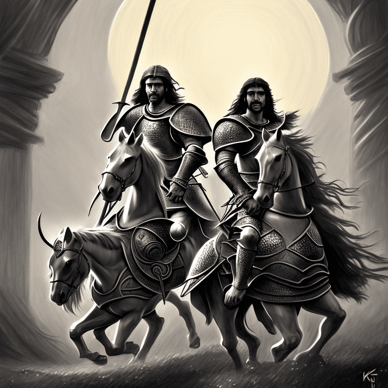 AI generated: drawing of a knight and a princess, rinding a horse, at night time, highly detailed, slavic mytholog...