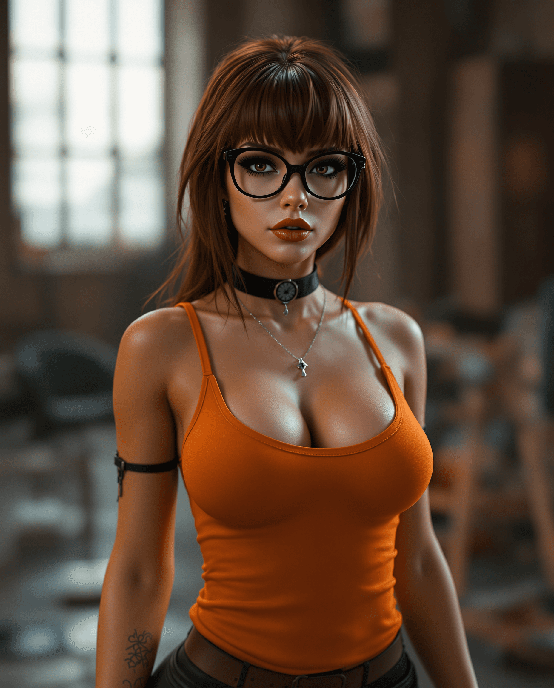 AI generated: Photo of a ultra realistic of velma from scooby-doo, very sultry look, so hot girl, beautiful charis...