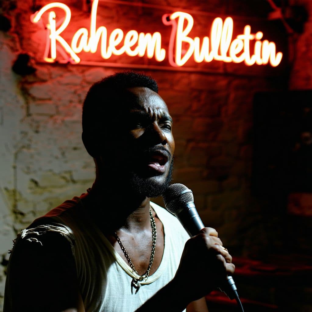 AI generated: holding a small microphone close to his mouth as he narrates a story with focused intensity. He wear...