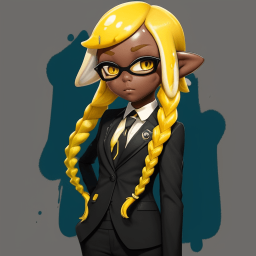AI generated: splatoon, inkling girl, dark skin, yellow hair, short hair, formal clothes, female, short braid
