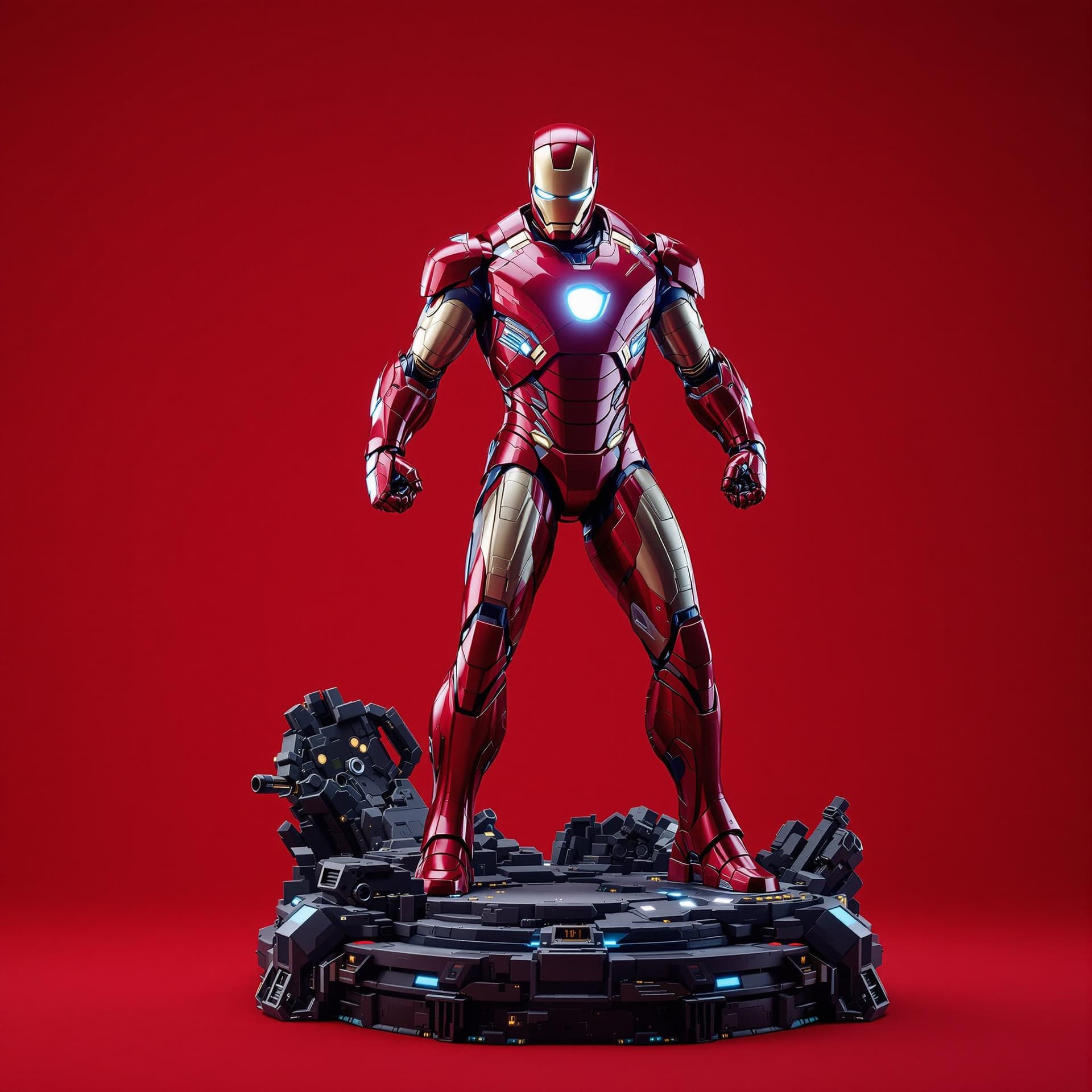 AI generated: Iron Man in his armor, Marvel Comics, standing on a futuristic tech base with a red background, dyna...