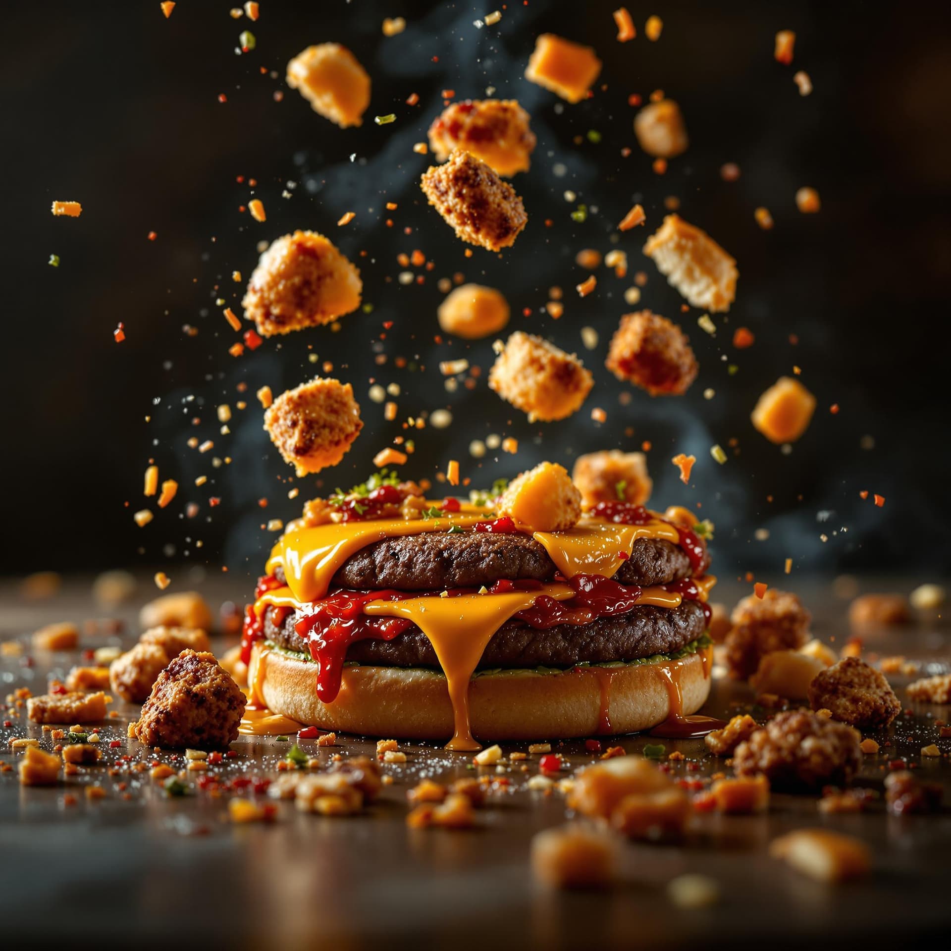 AI generated: A burger falling in pieces juicy, tasty, hot, promotional photo, intricate details, hdr, cinematic, ...