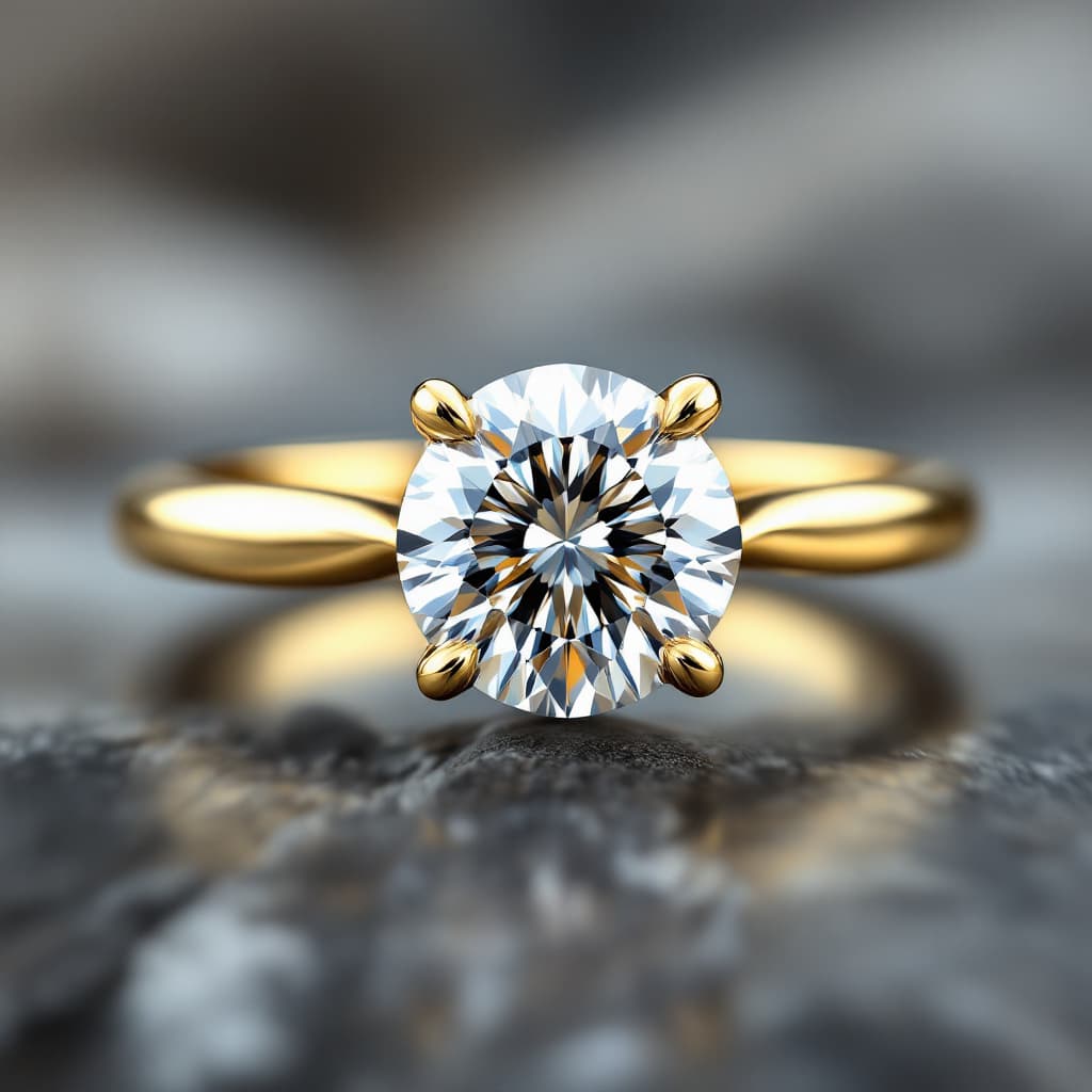 AI generated: Hyper realistic eye level professinal product image of a yellow gold solitaire engagement ring with ...