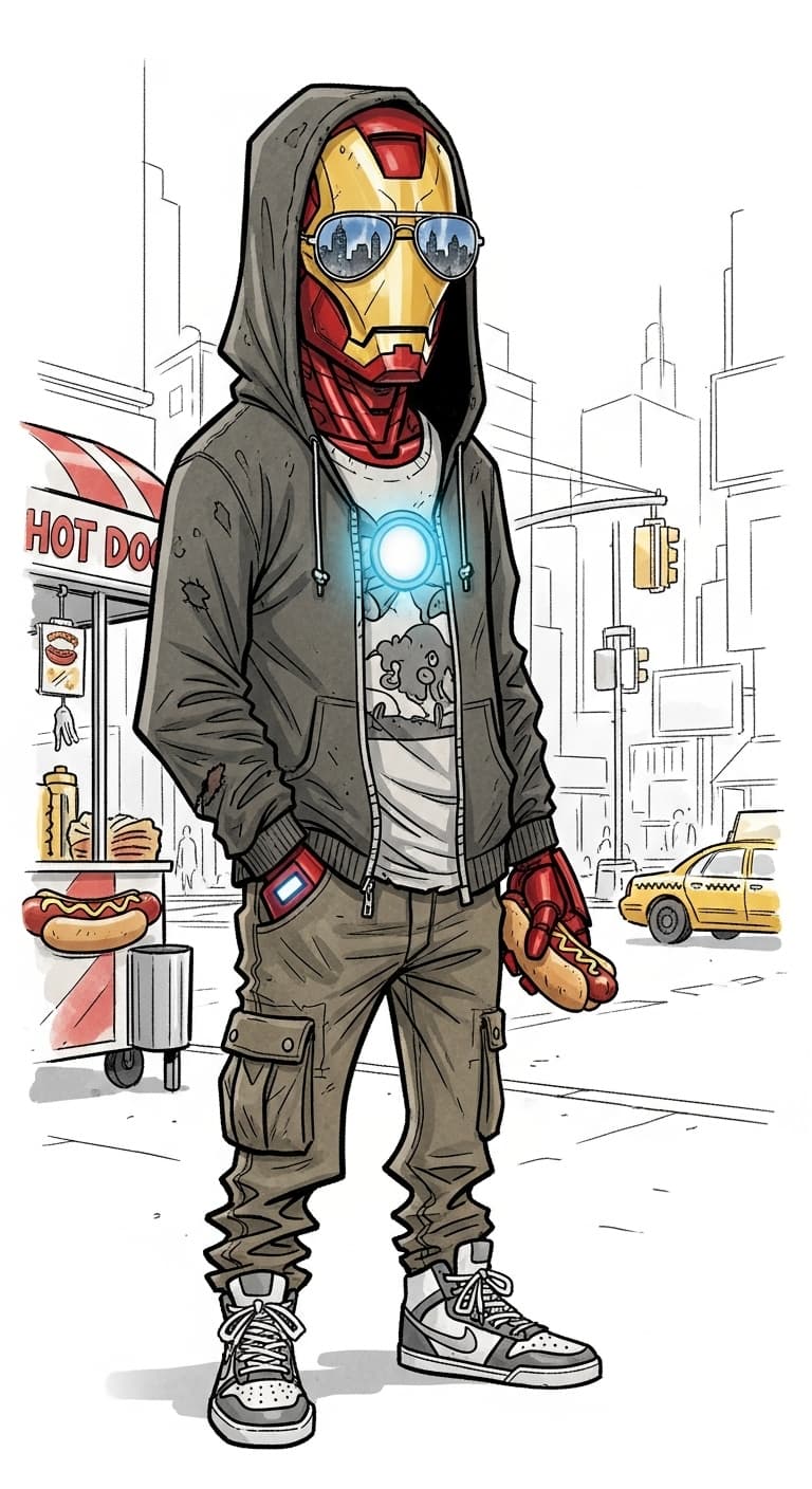 AI generated: iron man wearing urban attire in the style of a cartoonist artist 