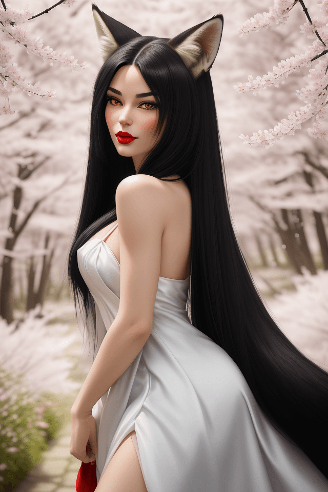 AI generated: Hyperrealistic portrait of a stunning fox furry girl with long black hair, big fox tail, and red lip...