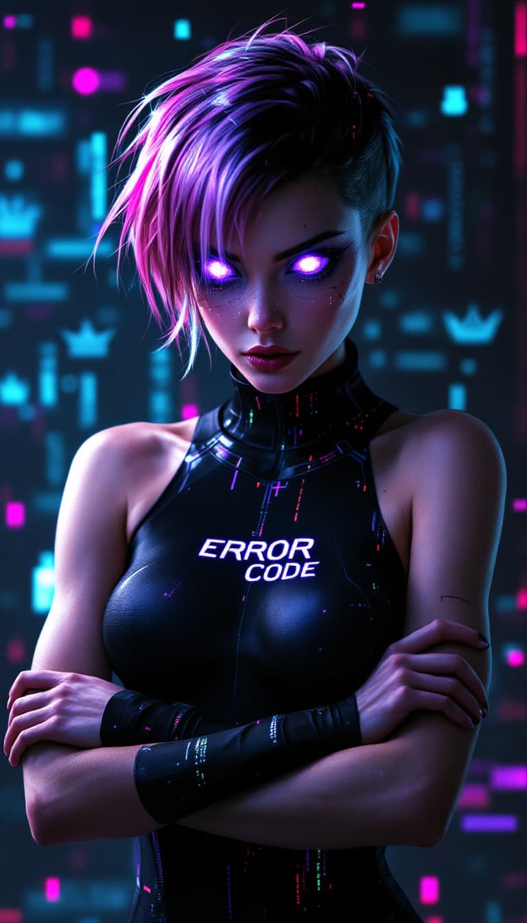 AI generated: A hyper-realistic portrait of a female glitch character with pixelated skin and short, sharply angle...