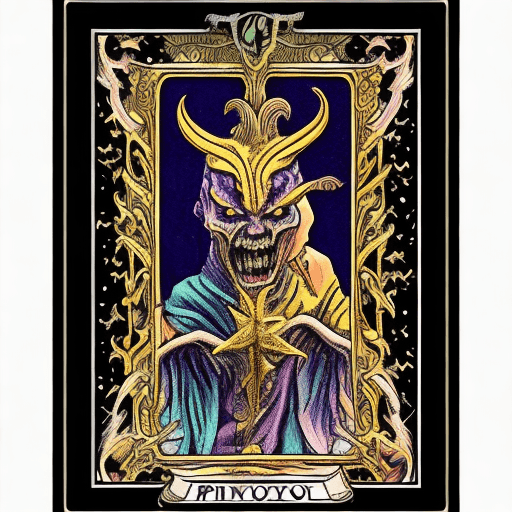 AI generated: praying demon tarot card, tarot art style, tarot border, framed all sides, lined border, intricate c...