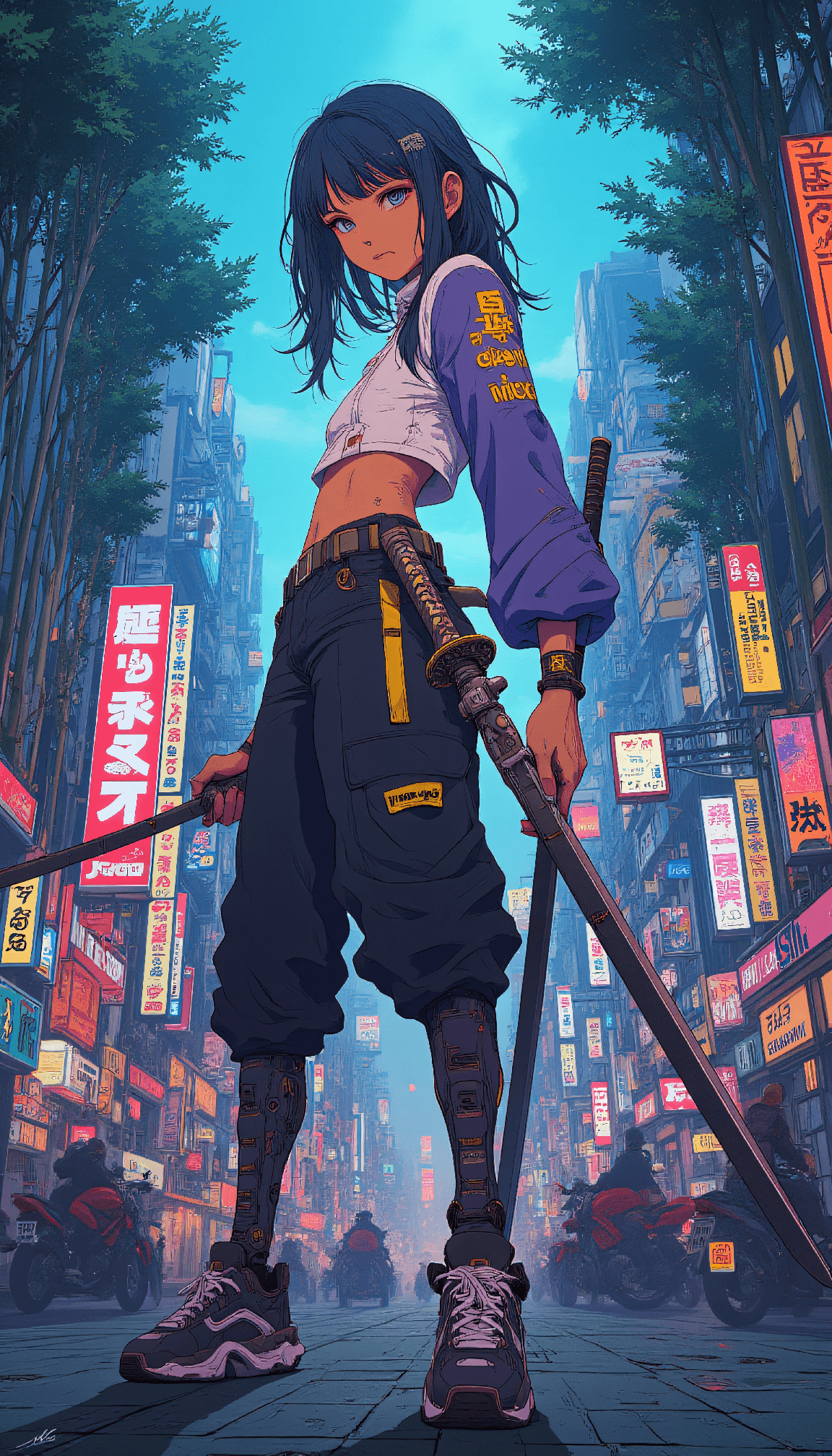 AI generated: anime artwork A legendary swordswoman with a diagonal scar across her abdomen practices with dual bl...
