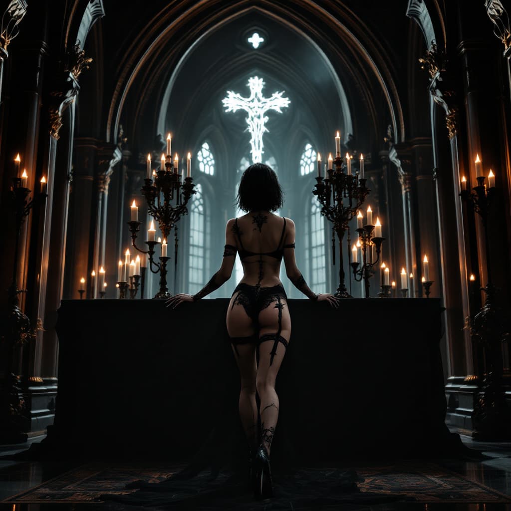 AI generated: Gothic cathedral, transparent black hair gothic style woman, The figure is further from the camera. ...