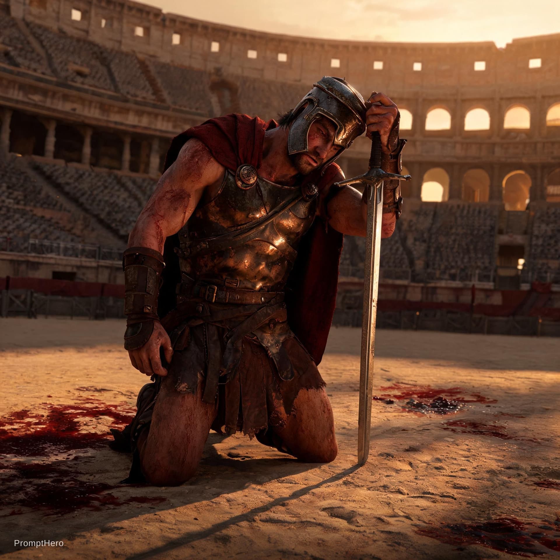 AI generated: gladiator tired after battle
