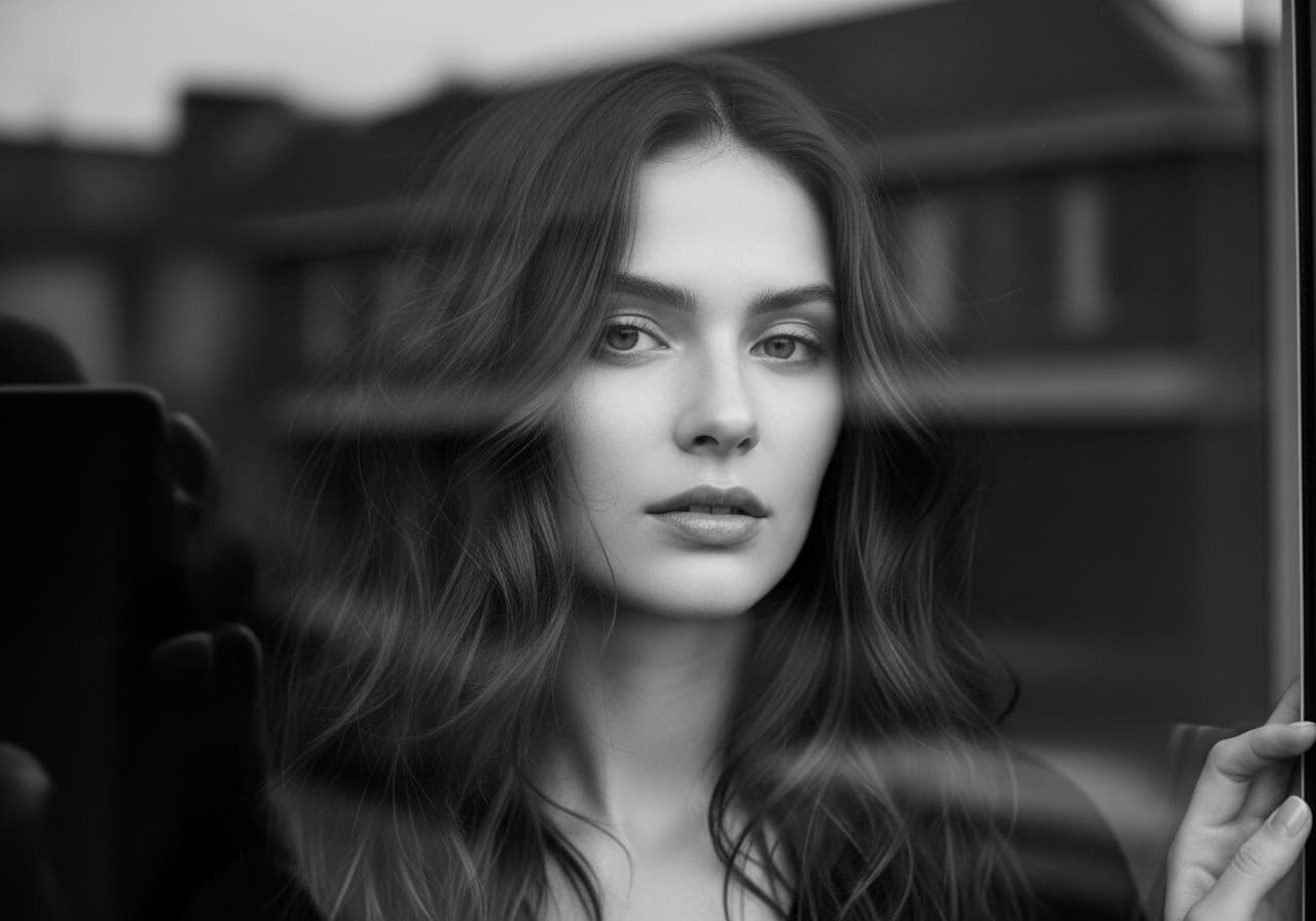 AI generated: Create a black and white picture of the woman attached looking through the window, in the style of d...
