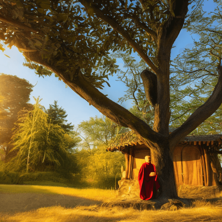 AI generated: a close up shot of monk meditating under tree with a unique and ancient retreat cabin in background,...