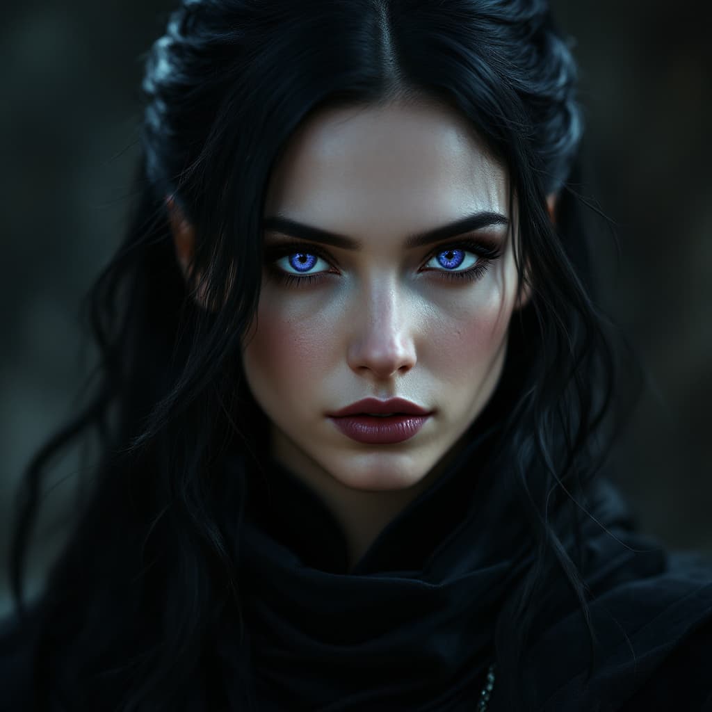 AI generated:  A close-up portrait of a striking woman with features inspired by Yennefer from the Witcher series....