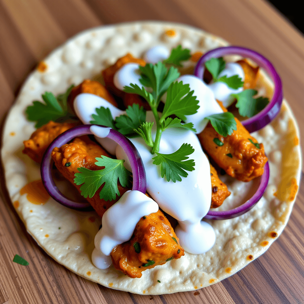 AI generated: Ein festlich arrangierter "Tandoori Chicken Taco" mit frischem Koriander, Zwiebeln und einem Klecks ...