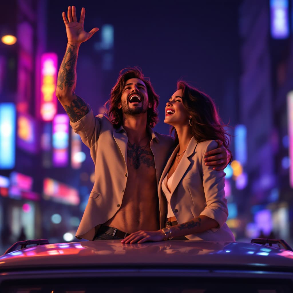 AI generated: A 25-year-old woman and a 40-year-old man are standing on top of a van at night in the middle of a c...