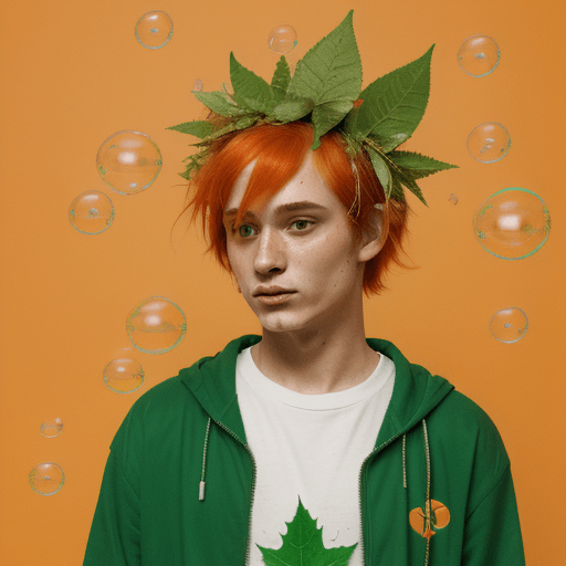AI generated: a human with orange hairs and clothes, with bubbles on the clothes and with a green leaf on the head