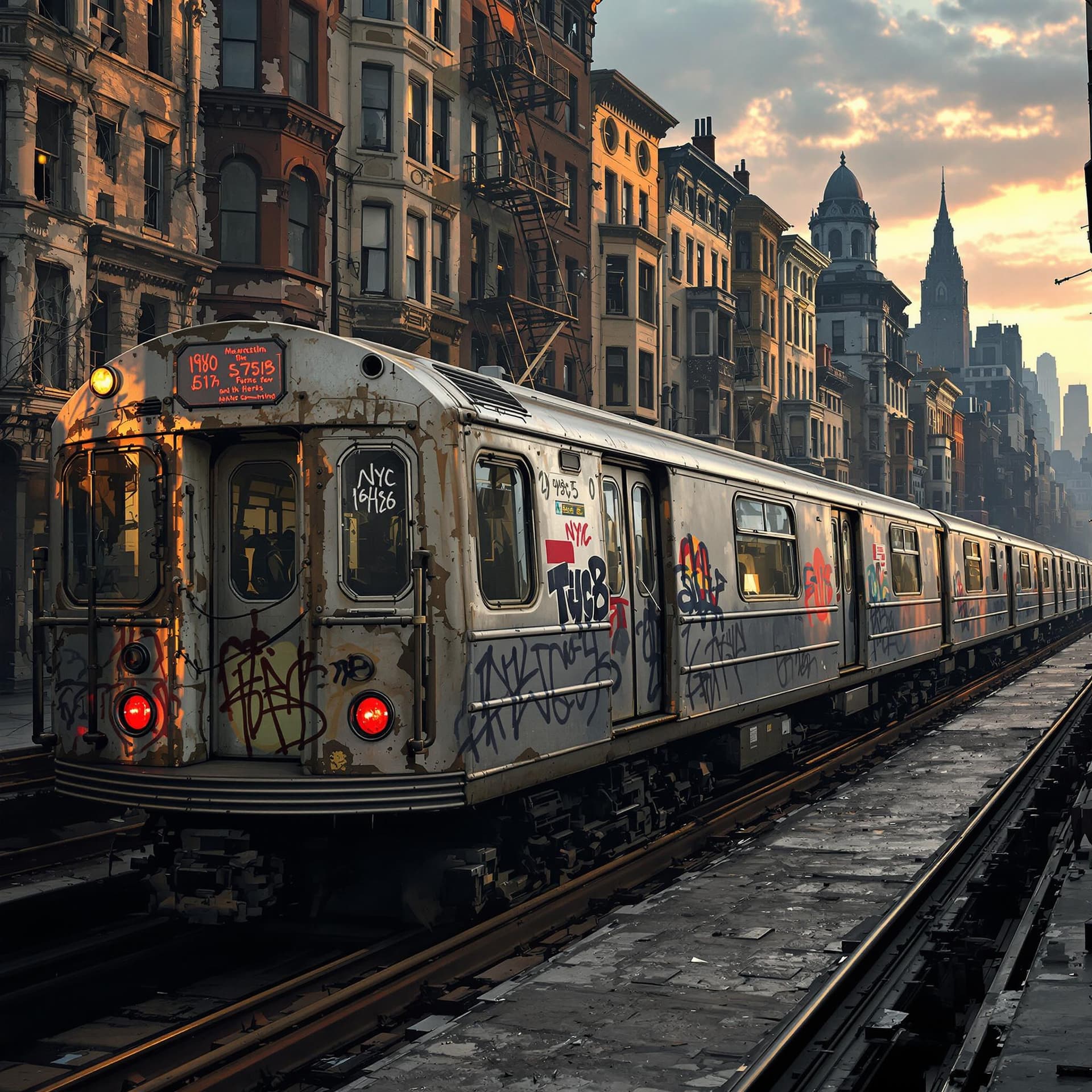 AI generated: side view with the front of the train visible of an old 1980 nyc subway car with a little graffiti o...