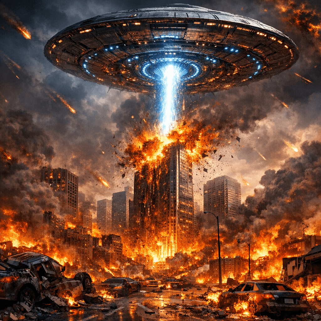 AI generated: Generate a photo with alien's spaceship strike building with huge weapon and all thing on earth are ...