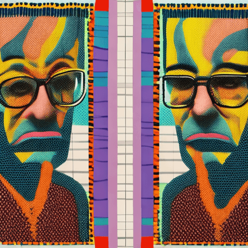 AI generated: two identical Larry Davids staring at each other, bold patterns, absurdist installations, bright gla...